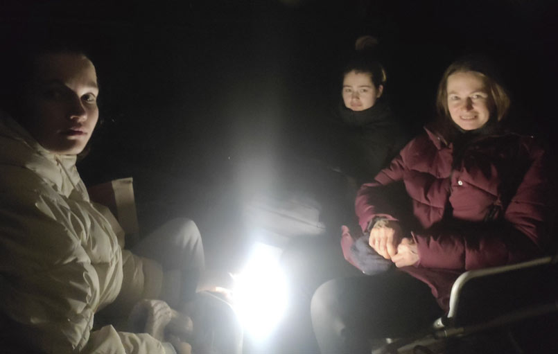 Katerina Masalova with her daughters Lena and Diana in a bomb shelter